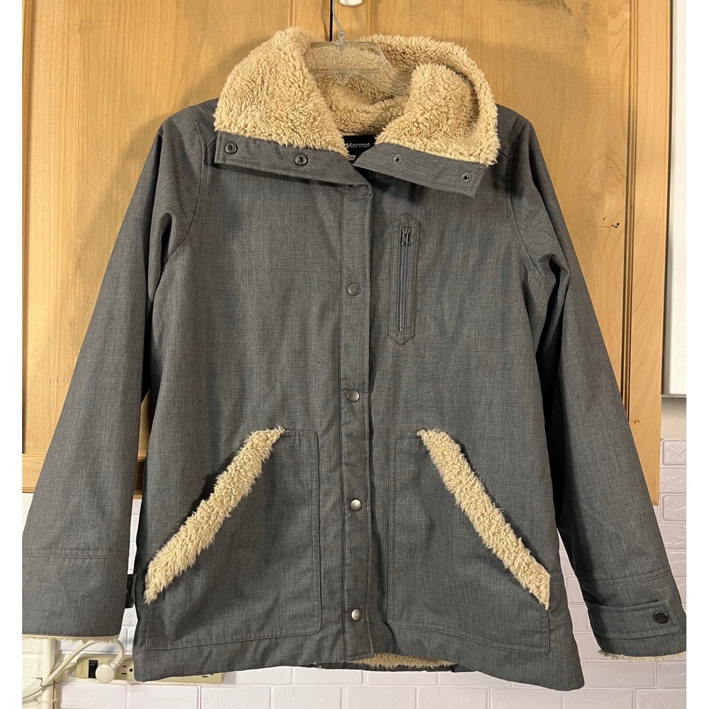 Marmot Jacket Women XL Gray Sherpa Fleece Lined Full Zip Snap Button Outdoor